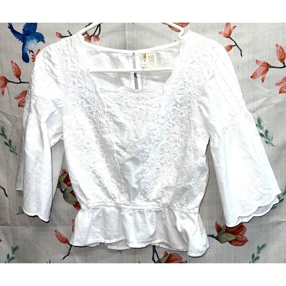 Japna Tops - Japna White Embroidered Blouse With 3/4 Sleeves & Peplum Hem Medium